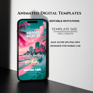 May include: Animated digital invitation template for a 30th birthday party in Miami Beach, Florida. The template features a pink and blue sunset over the ocean with palm trees and a cityscape in the background. The text "Meet me in Miami Beach" is in a neon pink font. The text "Isabella Hartley's 30th Birthday" is in a gold font. The date is April 13, 2030. The text "We are going to Miami Beach, Florida" is in a white font. The text "Please RSVP text Lexi 987-654-3210" is in a white font.