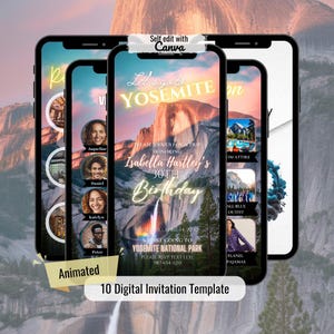 Modèle d'invitation Yosemite, planificateur d'itinéraire de voyage, programme de week-end, modèle modifiable, vacances au parc national de Yosemite, anniversaire sur la route