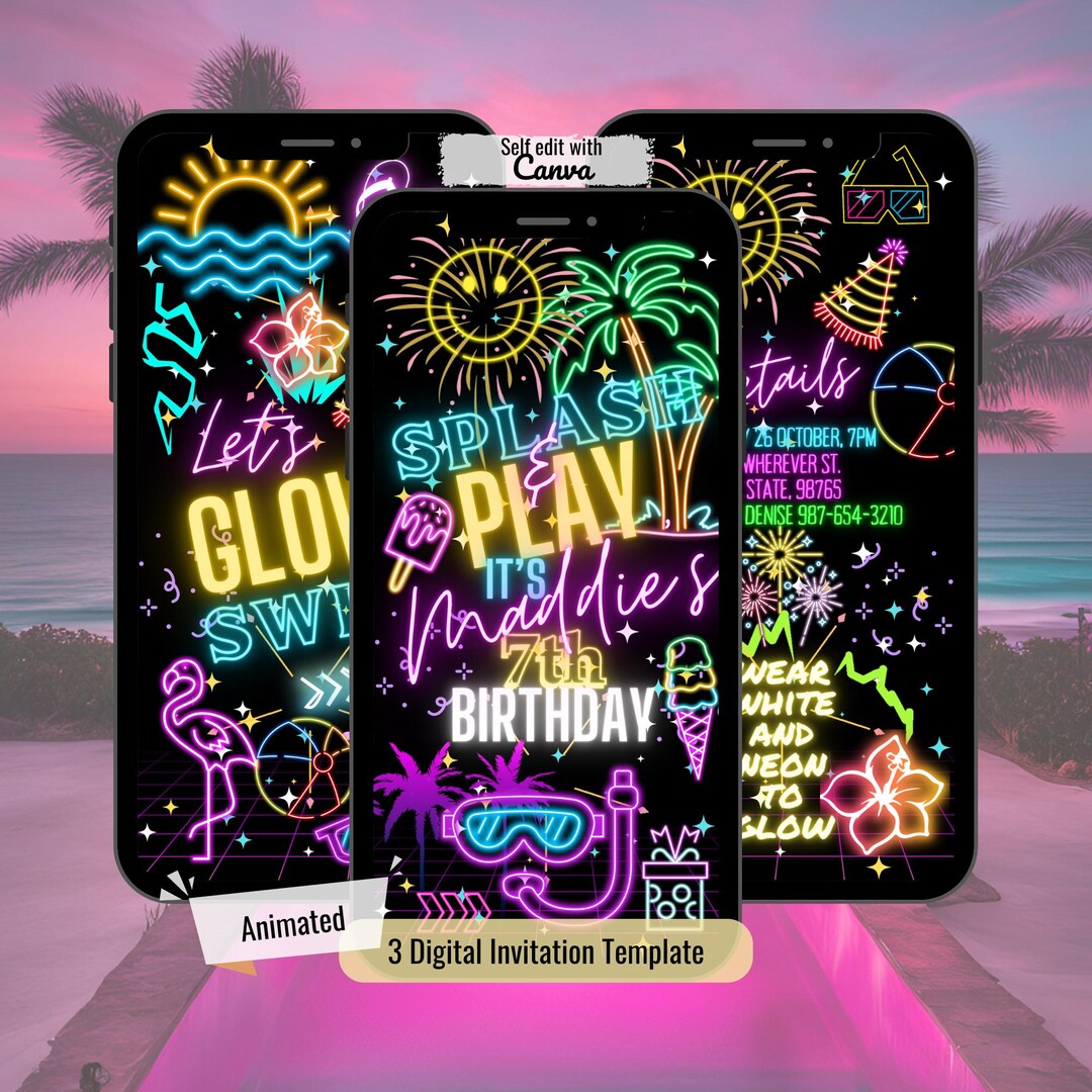 Neon Glow Party Video Invite: Animated Swim, Text, Evite (digital