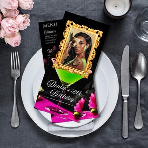 Editable Birthday Picture Menu, Full Picture Menu and Drink Card, 4x9 Event Menu Template, Birthday Dinner Table Menu, Dinner Canva Template