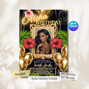 Aloha Birthday Luau Invitation Template, Hawaiian Tiki Party Digital Evite, Editable Itinerary Pool Party Flyer, Glam Animated Luau Birthday