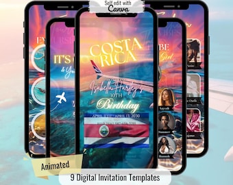Convite de aniversário animado para viagem de amigas na Costa Rica (download digital)