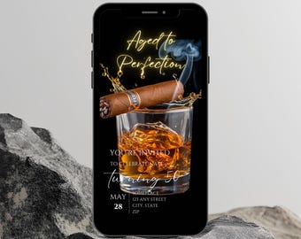 Convite de aniversário em vídeo com tema de uísque e charuto, edição especial de luxo em Canva para festa de aniversário masculina com tema bourbon.