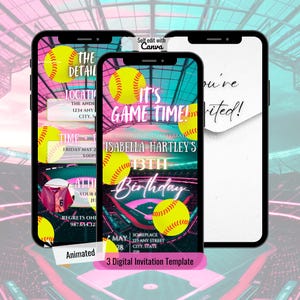 May include: A digital invitation template for a 13th birthday party with a softball theme. The template features a baseball field, a softball, and the text "It's Game Time!" and "Isabella Hartley's 13th Birthday".
