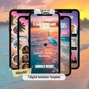 Caribbean Birthday Invite, Girls Trip Travel Itinerary Planner, Caribbean Weekend Schedule, Beach Weekend Birthday Trip, Caribbean Template