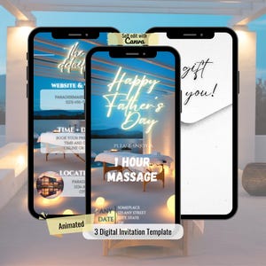 Plantilla editable de certificado de regalo para el Día del Padre, cupón de regalo personalizado para masajes y spa para papá, regalo de último minuto para él, regalo de cumpleaños virtual