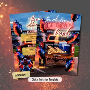 May include: Two digital invitation templates for a football tailgate party. The design features a red pickup truck with the text "Touchdown Tailgate Bash" and "Barbecue". Includes the text "Hosted by James & Samantha". Animated and digital invitation template.