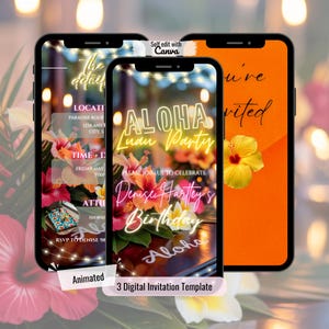 Puede incluir: Tres teléfonos inteligentes que muestran plantillas de invitación digital. El teléfono central presenta el texto "Aloha Luan Party" con acentos florales. El teléfono de la izquierda muestra los detalles del evento, y el teléfono de la derecha tiene el texto "You're Invited". La imagen está etiquetada como "3 Digital Invitation Template."