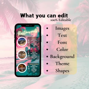 May include: A mobile phone screen displaying a mock-up of a restaurant app with a pink and green color scheme. The app features a list of restaurants with their names, days of the week, and times. The text "Restaurants" is displayed in neon pink letters. The text "What you can edit" is displayed in black letters above the phone screen. The text "100% Editable" is displayed in black letters below the phone screen. A list of editable features is displayed to the right of the phone screen: Images, Text, Font, Color, Background, Theme, Shapes.