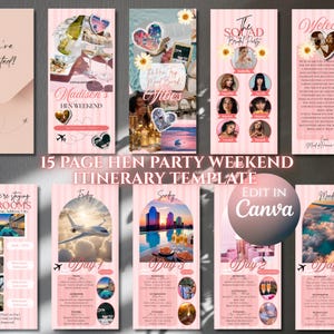 May include: A pink and white 15-page hen party weekend itinerary template. The template includes sections for destinations, activities, and a bridal party. The design features photos, text, and the option to edit in Canva.