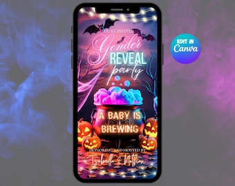 Convite animado para chá revelação de gênero com tema de Halloween, festa assustadora de revelação de gênero com bebê a caminho, convite digital editável, convite de abóbora para bebê