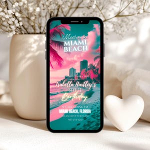 Modello di invito a Miami Beach, Florida, pianificatore di itinerario di viaggio, programma del fine settimana, modello modificabile, vacanze a Miami, viaggio per ragazze di compleanno