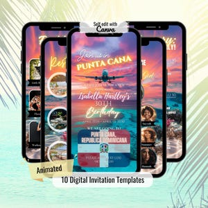 May include: A collection of 10 digital invitation templates displayed on smartphones. The invitations feature a tropical sunset theme with an airplane, the text "Join us in Punta Cana," and details for a 30th birthday celebration.