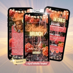 Invitation animée pour un brunch d'anniversaire (femmes), vidéo élégante avec champagne, modèle Canva personnalisable, invitation numérique prête à l'emploi, 216 images