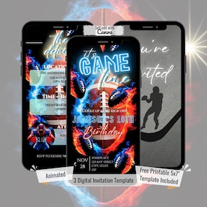 May include: Three smartphone screens displaying a digital invitation template. The central phone features a football design with the text "It's Game Time" and "Jameson's 10th Birthday." The design incorporates blue and red flames.