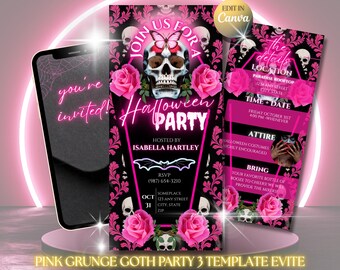 Convite para festa de Halloween com caveira gótica rosa, convite para festa à fantasia no terraço, modelo de vídeo editável no Canva, 274