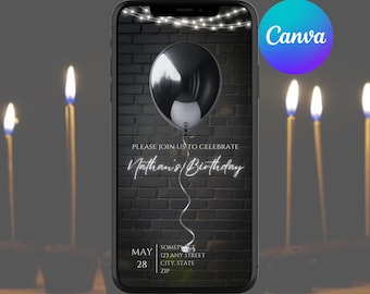 Convite de aniversário luxuoso em preto: Modelo de vídeo para festa digital (modelo editável), Jantar de aniversário com traje todo preto, Festa temática de preto
