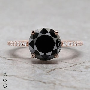 Black Diamond Engagement Ring, 14K Gold Diamond Ring, Custom Black Diamond Ring, Diamond Pave Setting Band Ring, Anniversary Gift For Her