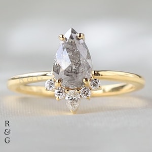 4K Yellow Gold Pear Salt and Pepper Diamond Engagement Ring: Sunburst Setting Wedding Ring