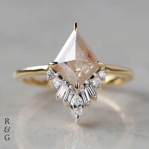 Kite Cut Salt and Pepper Diamond Ring, 14K Gold Kite Diamond Engagement Ring, Personalized Ring For Her