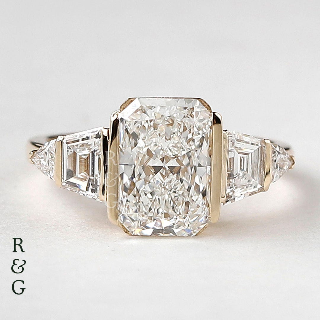 Radiant Cut Lab Diamond Engagement Ring: Five Stone Ring in 14K Yellow ...
