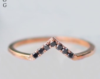 Black Diamond V Shape Wedding Band: 14K Rose Gold Stackable Ring, Ring Enhancer