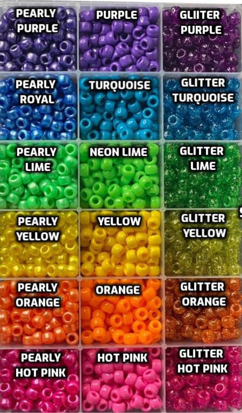 May include: A set of 12 containers filled with colorful plastic beads. The beads are labeled with different colors and finishes, including pearly purple, turquoise, neon lime, yellow, orange, and hot pink.