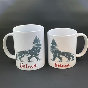 Lithuanian Gelezinis Vilkas ceramic mug in 12 and 15  ounce size. Microwave and dishwater safe.