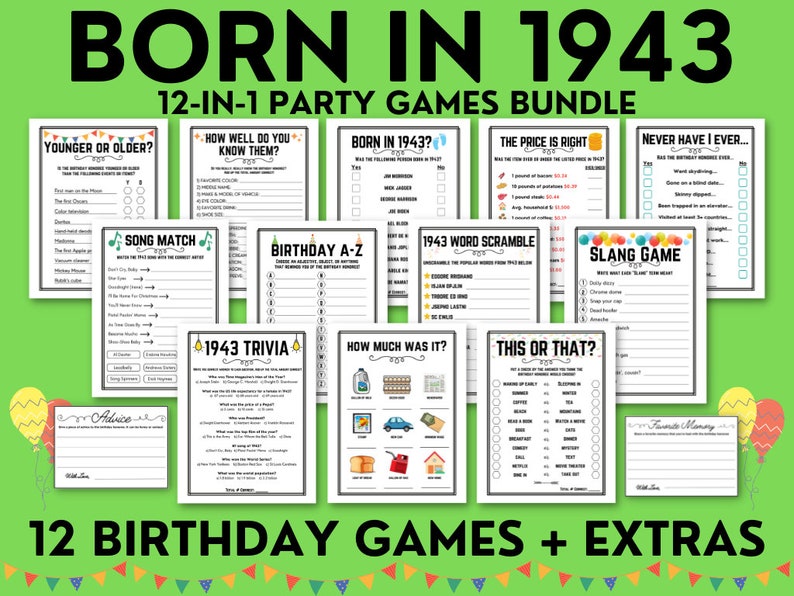 80th Birthday Party Games 1943 Birthday Games Born in 1943 Etsy