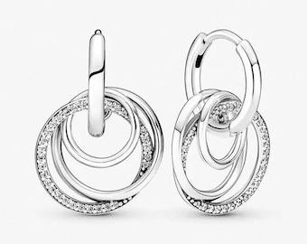 Family Always Encircled Pendant Earrings, S925 Sterling Silver Pandora Three-Ring Earrings, Gift For her