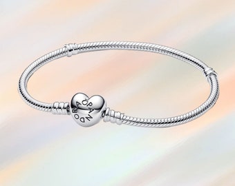 Bracelet minimaliste Pandora S925 Sterling Silver, bracelet chaîne serpent fermoir coeur, bracelet Pandora, bracelet charme, cadeau pour elle