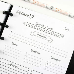 Self Care Planner Inserts for Half Letter Discbound Planners | Mood Tracker, Emotions & Thoughts | Wellness Refill