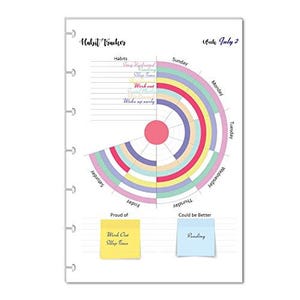 May include: A white habit tracker planner page with a colorful circular chart for tracking habits. The page includes the text "Habit Tracker" and "Week July 2". There are also two sticky notes that say "Work Out Sleep Time" and "Reading".
