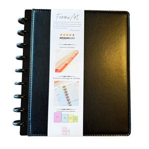 May include: A black disc-bound planner with a white vertical belly band featuring the FeroniArt logo, a five-star rating, and images of dividers, refill pages, and calendars. The band displays various size options including Letter 8.5x11 inches.