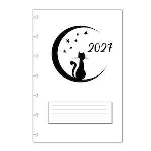 May include: A white planner cover featuring a black graphic of a cat sitting on a crescent moon surrounded by stars. The text 2027 is printed in black to the right of the cat. A rectangular white label with horizontal lines is at the bottom.