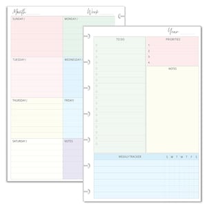 May include: Two planner inserts with pastel color-coded sections. The left sheet features a weekly layout with headers for days of the week. The right sheet includes a to-do list, priorities, notes, and a weekly tracker with S M T W T F S labels.
