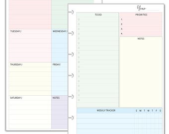 May include: Two planner inserts with pastel color-coded sections. The left sheet features a weekly layout with headers for days of the week. The right sheet includes a to-do list, priorities, notes, and a weekly tracker with S M T W T F S labels.