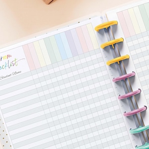 May include: A classroom checklist notebook with a rainbow-colored header and grid-lined pages. The cover reads "Classroom Checklist" in colorful script. The notebook is held together with yellow, pink, and teal plastic rings.