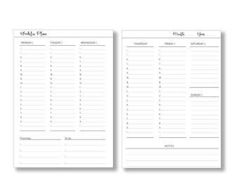 Undated Weekly Planner Inserts, Fits 7,8,9,11 Disc Mini, Classic, Junior/Half Letter, Letter Size Planners.