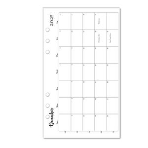 2025 Monthly Refills for A5 Size Planners, Monthly Calendar for Mini Size Planners (A5)