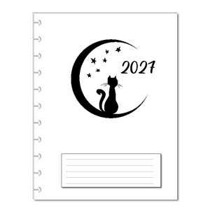 May include: A white disc-bound planner cover featuring a black graphic of a cat sitting on a crescent moon surrounded by stars. The text 2027 is printed in black to the right of the cat. A rectangular white label with horizontal lines is at the bottom.