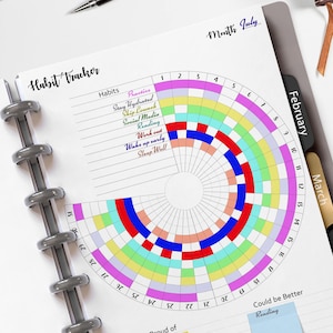 May include: A habit tracker planner with a colorful circular chart for tracking daily habits. The planner includes sections for habits like staying hydrated and working out. The text "Habit Tracker" and "Month July" are visible.
