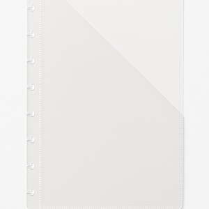 May include: A clear plastic pocket folder designed for a disc-bound planner system. The folder features a vertical opening on the right side and a reinforced left edge with eight mushroom-shaped punch holes for secure attachment to binding discs.