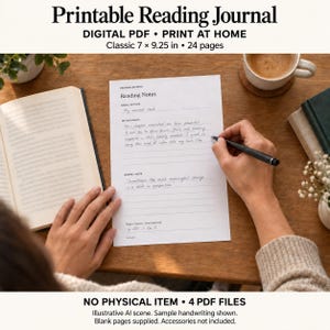 May include: A printable reading journal digital PDF with the text 'Printable Reading Journal', 'DIGITAL PDF • PRINT AT HOME', and 'Classic 7 x 9.25 in • 24 pages'. The page features sections for 'Reading Notes', 'BOOK / AUTHOR', 'MY THOUGHTS', and 'QUOTE / NOTE'.