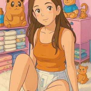 ABDL adult baby diaper lover art. Anime girl in a nappy.
