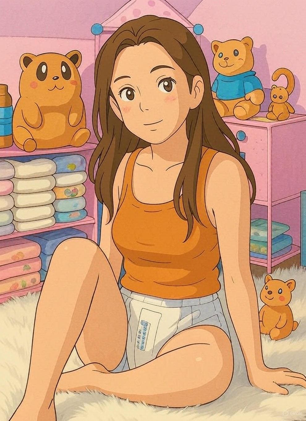 ABDL adult baby diaper lover art. Anime girl in a nappy.