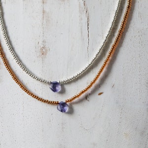 Iolite stone and glass bead necklace, purple, healing gemstone, crystal necklace, gifts for women