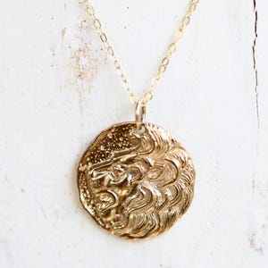 Bronze Lion Head Necklace: Ancient Coin Style, Gold-Filled Chain