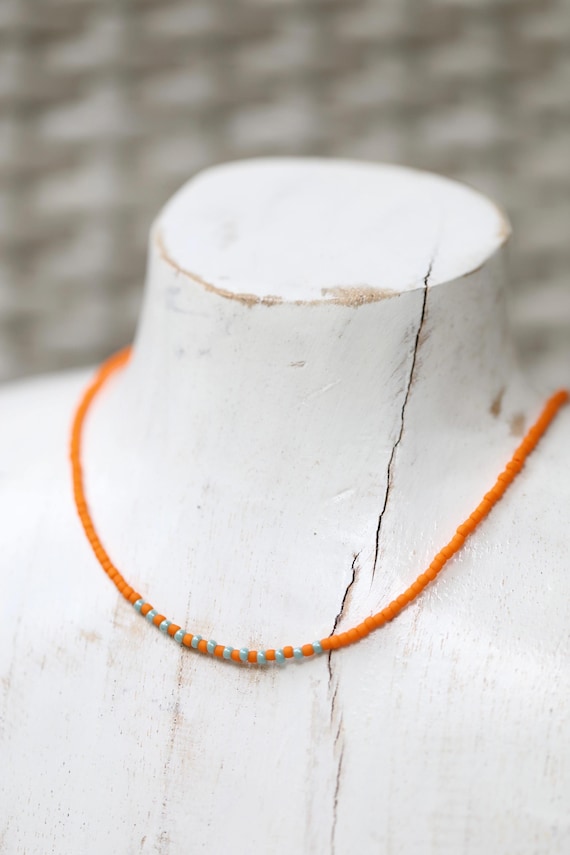 TS12 Inspired Orange & Mint Glass Bead Necklace – 16" Sterling Silver Clasp and Chain