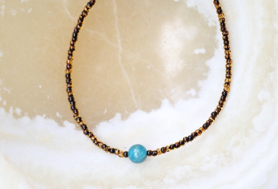 Pacific blue apatite stone with glass beads and gold over sterling disc necklace - buy together or separately